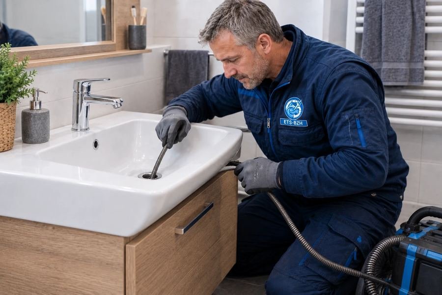 Débouchage d'un lavabo au furet électrique par un technicien ETS-BZH