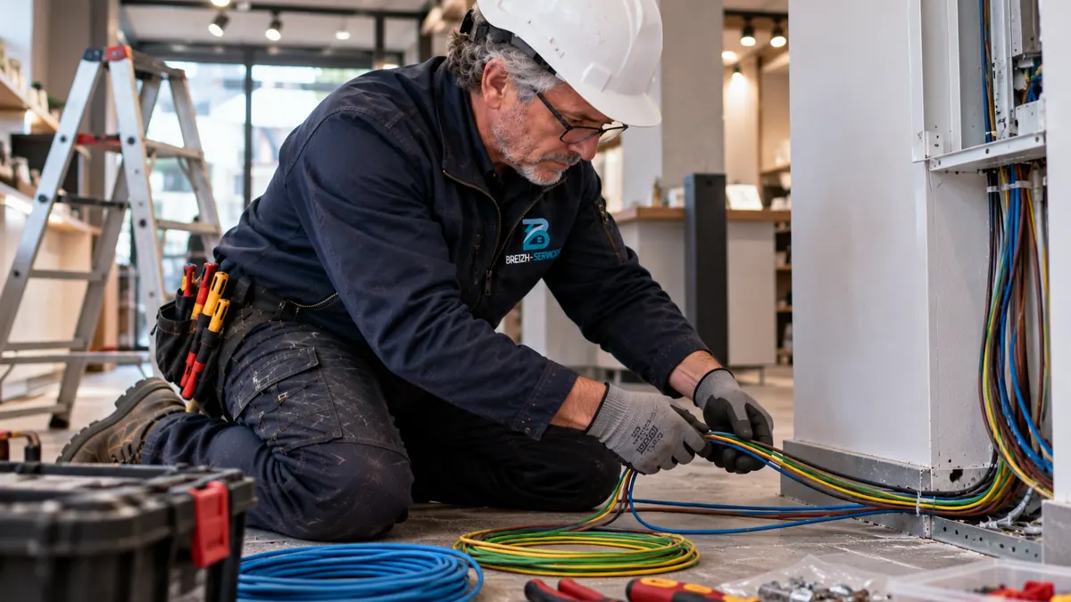 Julien tire des câbles électriques dans un local en rénovation